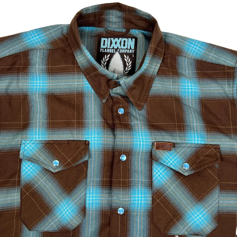 Dixxon Flannel Co The Cherokee L Large Pearl Snap Blue Brown Plaid Shirt